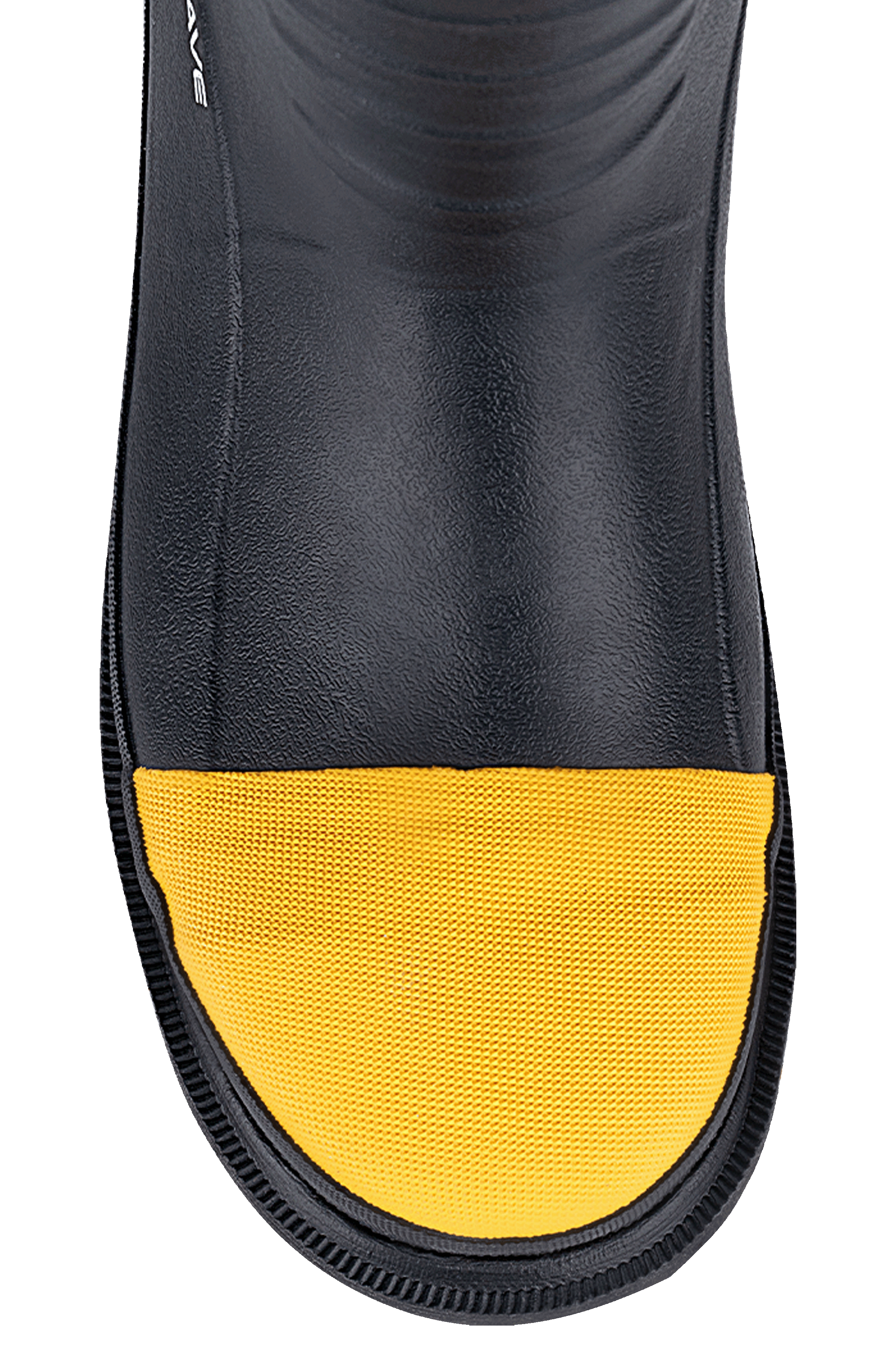 alt="Close-up of Trudave ForgeStep Series men’s waterproof steel toe work boots showing black body with yellow reinforced toe cap for impact protection, durability, and safety at work"